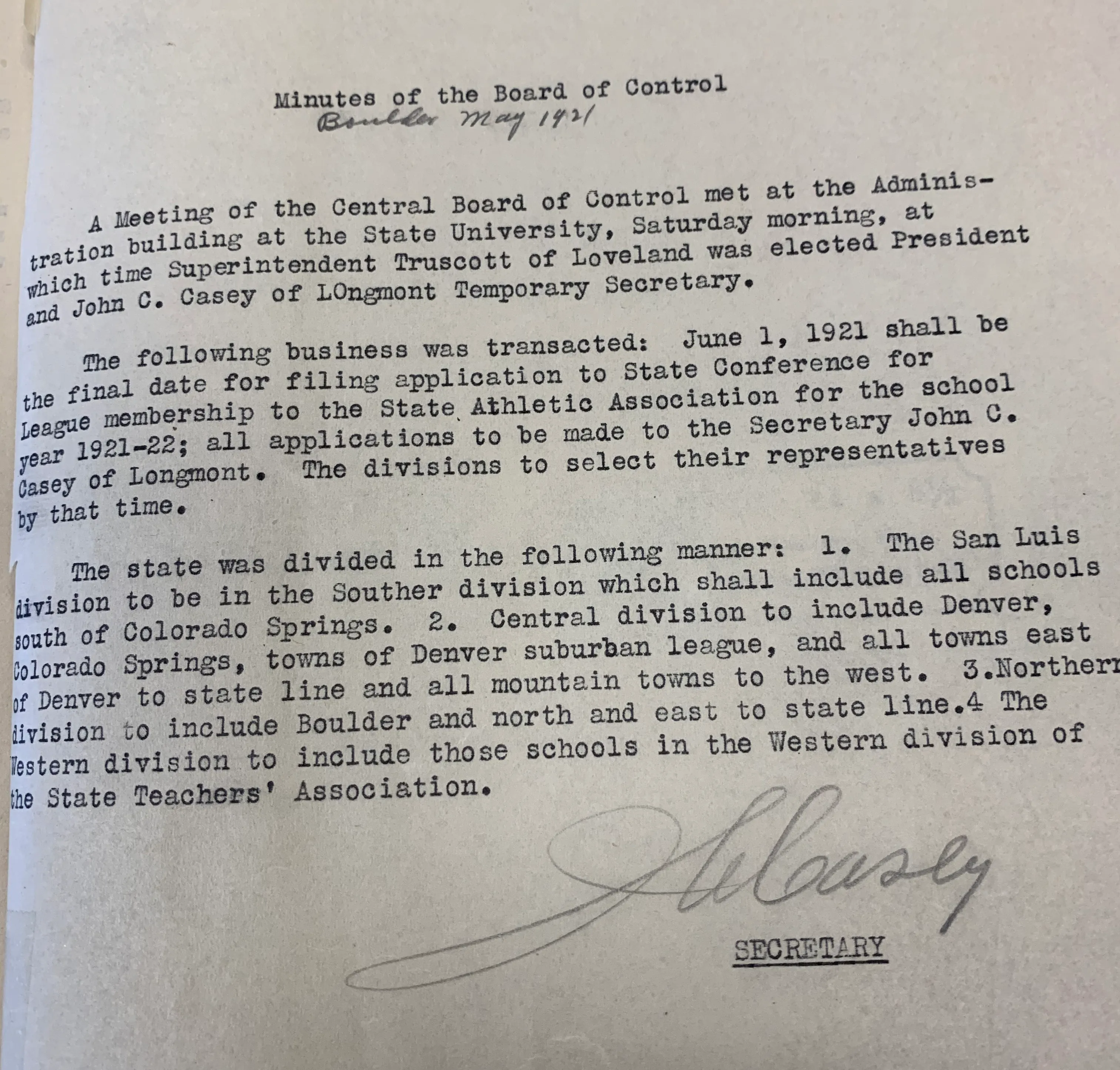 First Minutes of the Board of Control (May 1921)